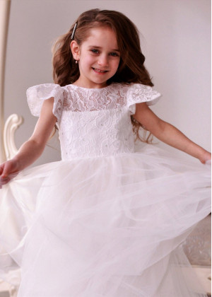 Cap Sleeve Ivory Lace Tulle Tea Length Flower Girl Dress